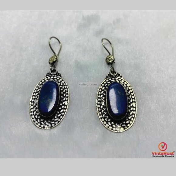 Traditional Lapis Lazuli Earrings: Oval Blue Gemstone Earrings Gift for Her - Picture 1 of 7